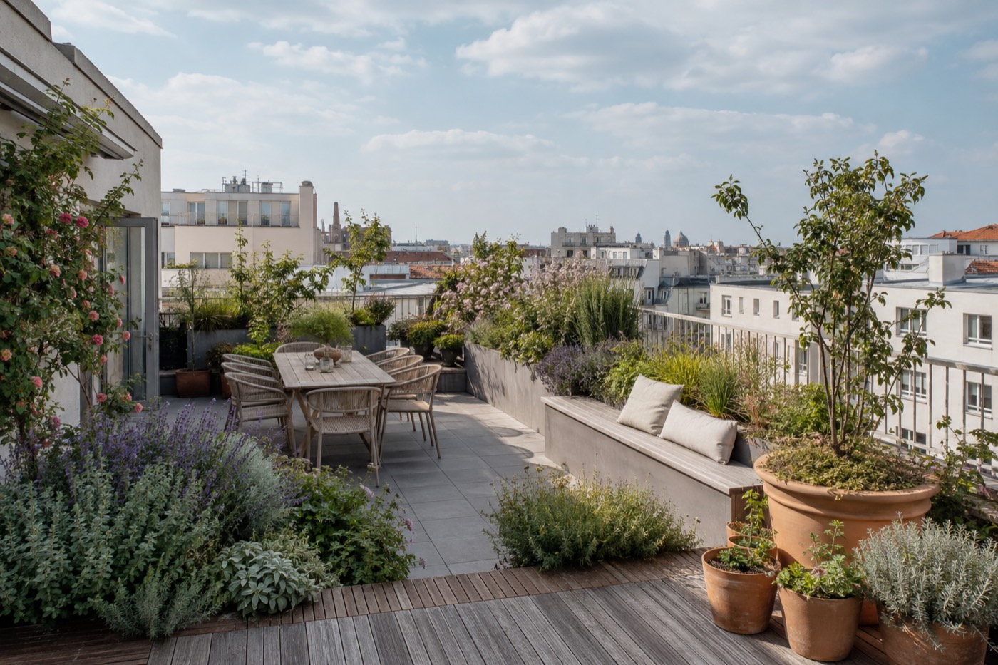 Dachterrasse und Dachbegrünung über den Dächern Berlins (Symbolbild)