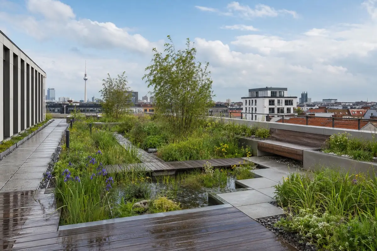 Dachterrasse und Dachbegrünung über den Dächern Berlins (Symbolbild)