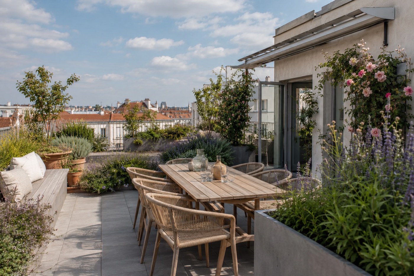 Dachterrasse und Dachbegrünung über den Dächern Berlins (Symbolbild)
