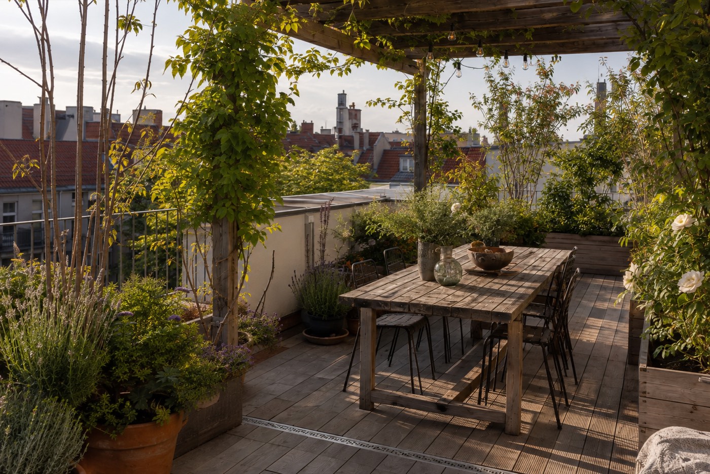 Dachterrasse und Dachbegrünung über den Dächern Berlins (Symbolbild)